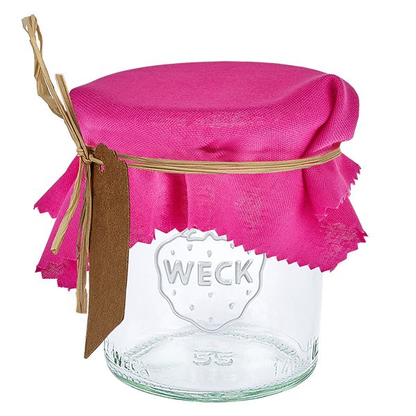 Pano para jóias rosa 12cm quadrado Pano decorativo em tecido cor-de-rosa com 12 cm quadrados num frasco Weck com etiqueta castanha e ráfia para cobrir a tampa