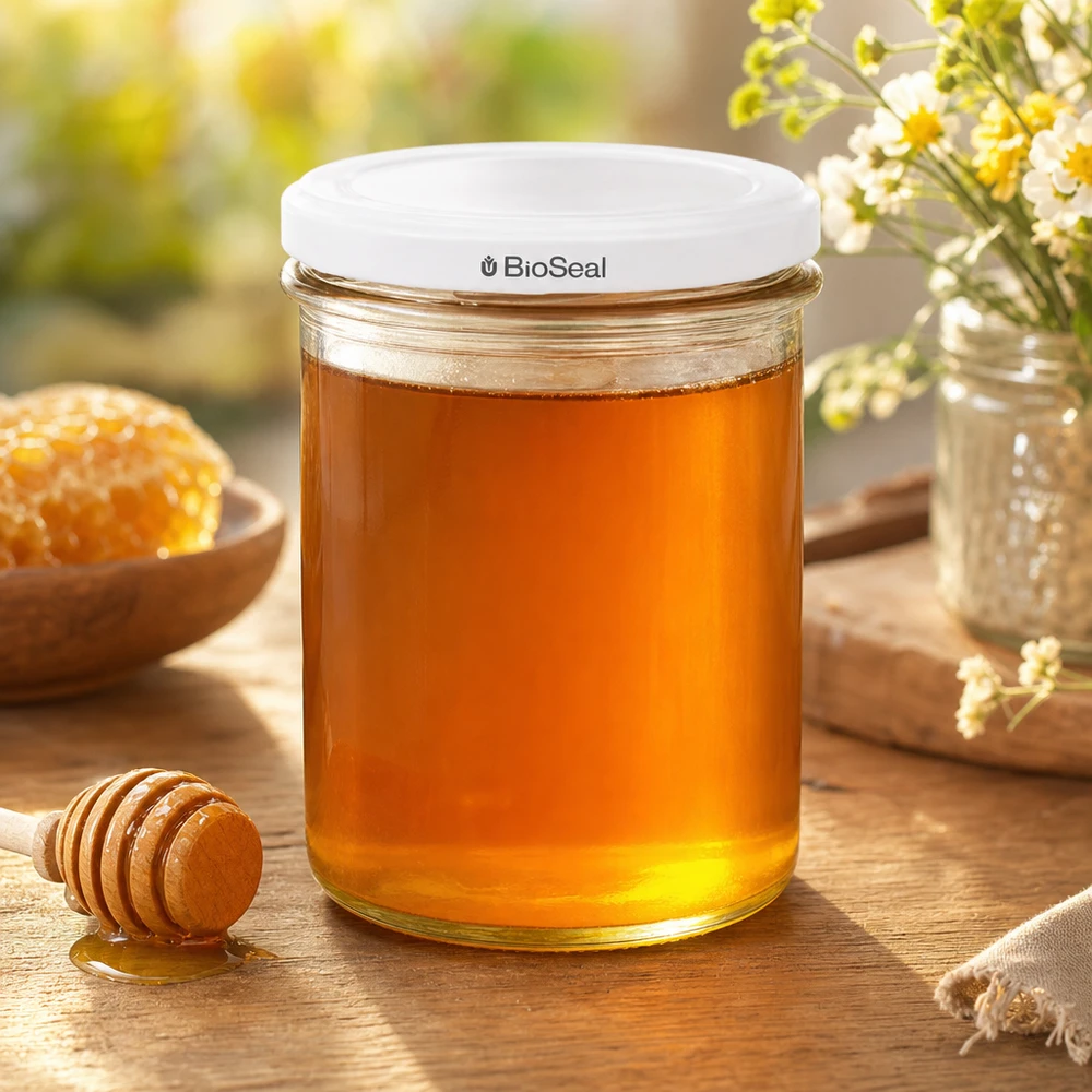 Copos de vidro de 350 ml com tampa branca UNiTWIST BioSeal UNiTWIST Sturz350 mit weißem TO82 BioSeal Deckel gefüllt mit Honig zeigt perfekte Eignung für Marmeladen und Aufstriche
