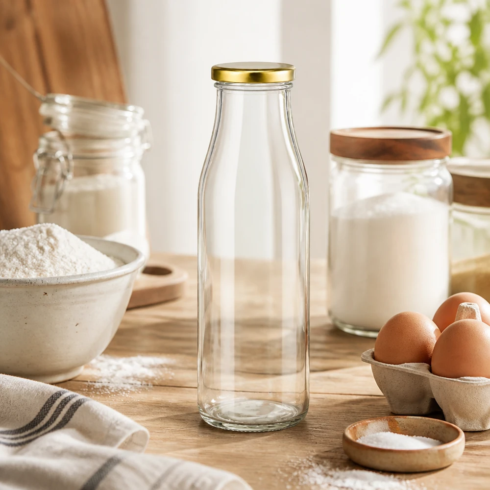 Garrafa de vidro de 500 ml com tampa BasicSeal dourada na cozinha de pastelaria com farinha, ovos e leite em vidro sobre bancada de madeira utensílios de cozinha