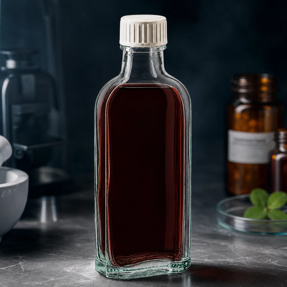 Frasco de vidro Meplat de 100 ml com inserção de espuma de PE e líquido escuro no ambiente laboratorial