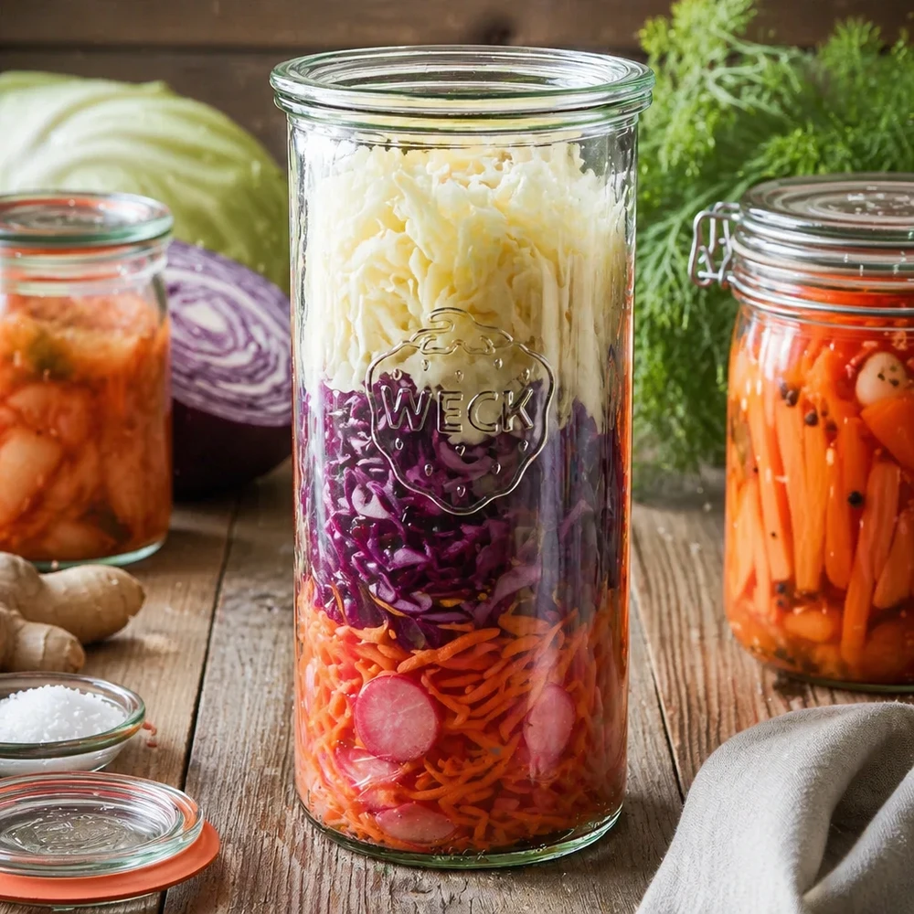 Copos de vidro de 1500ml com tampa de vidro WECK RR100 Frasco de vidro WECK RR100 de 1500 ml com chucrute vegetal fermentado numa mesa de madeira entre ingredientes frescos