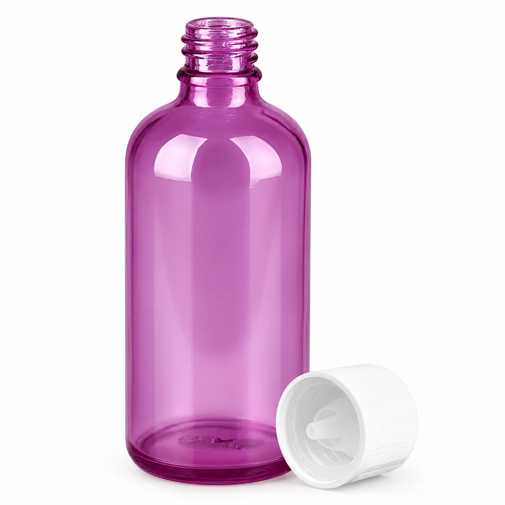 Frasco conta-gotas de vidro de 100 ml em roxo com um conta-gotas de 1,2 mm para uma dosagem precisa