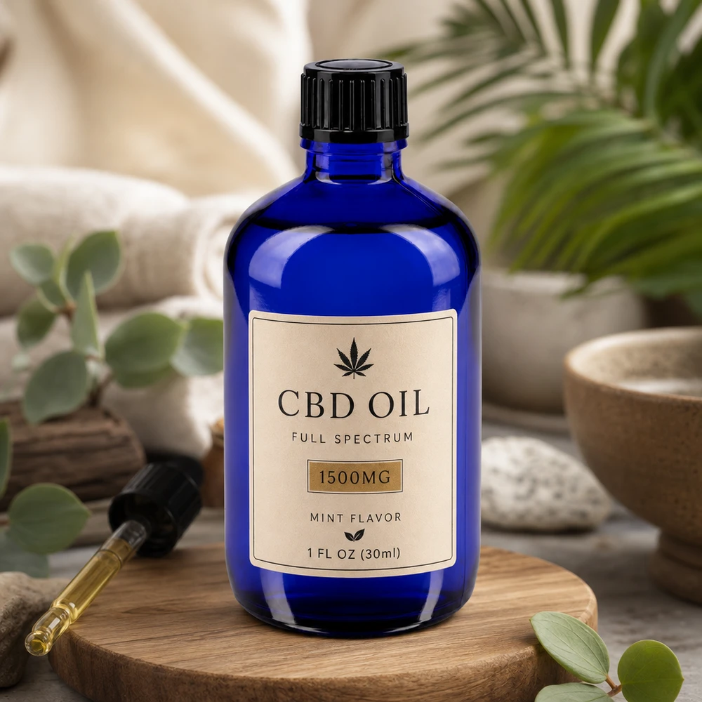 Frasco de vidro azul de 100 ml com conta-gotas de 1 mm para óleo de CBD e remédios naturais, apoiado numa base de madeira