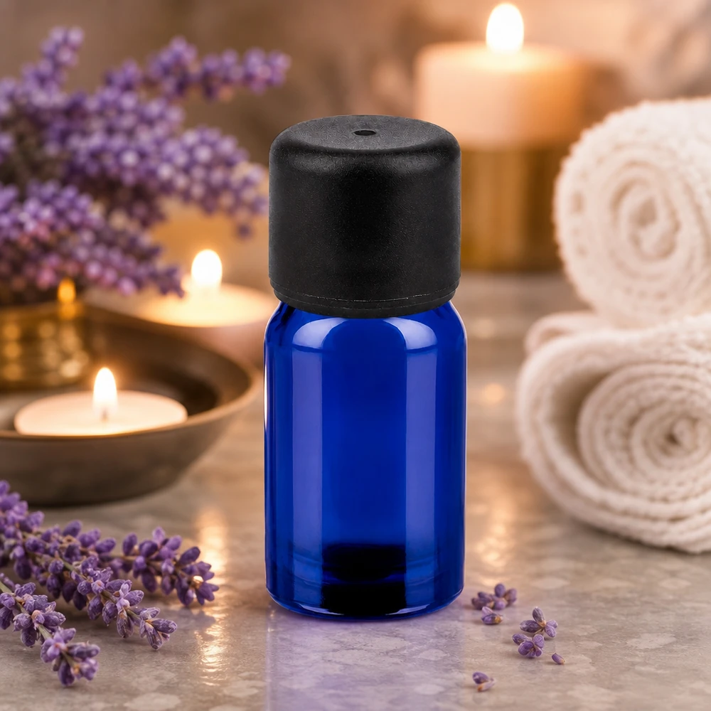 Frasco de vidro pequeno de 5 ml em azul elegante com tampa preta prática para cosméticos