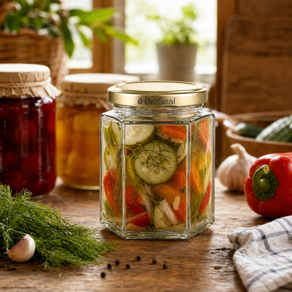 Frasco de mel de 250 g hexagonal cheio de legumes em conserva BioSeal tampa dourada cozinha rústica aneto pimentão pepino