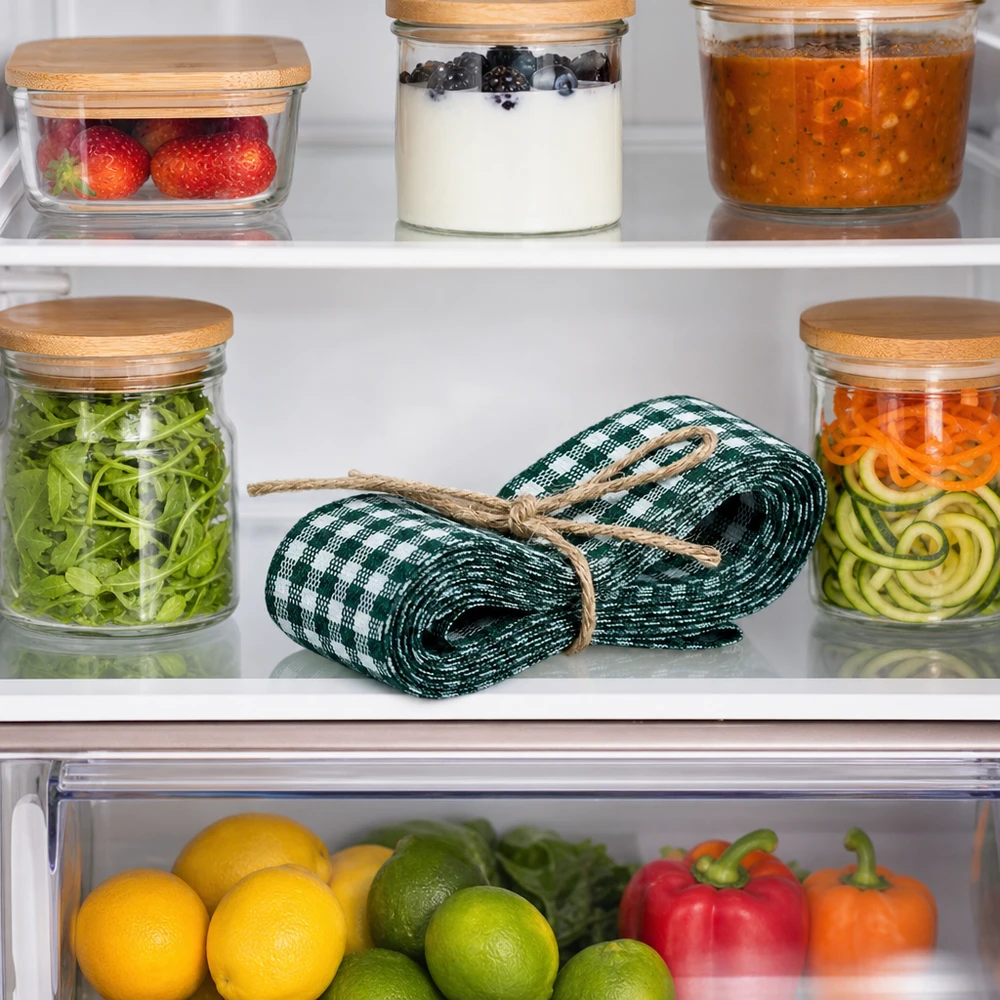Fita de tecido verde/branca para decoração, 300 cm Grün-weißes Stoffband 300cm gerollt im Kühlschrank zwischen Vorratsgläsern und frischem Gemüse als Küchenorganisation