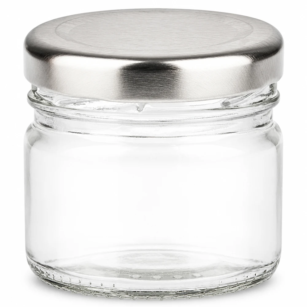 Frasco redondo pequeno de vidro, 33 ml, com tampa BasicSeal prateada, vazio e transparente visto de frente