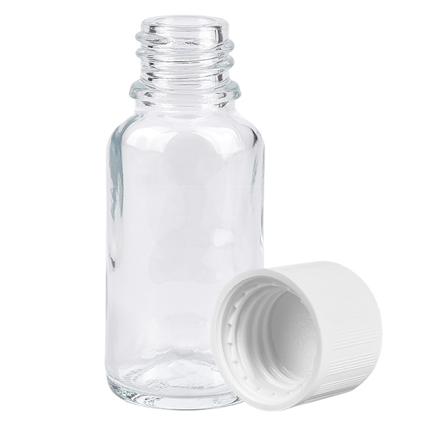 Frasco de 20 ml com tampa de rosca de 11 mm, branco, com fecho inviolável ClearLine UT18/20 Frasco de 20 ml com tampa de rosca de 11 mm, branco, com fecho inviolável ClearLine UT18/20