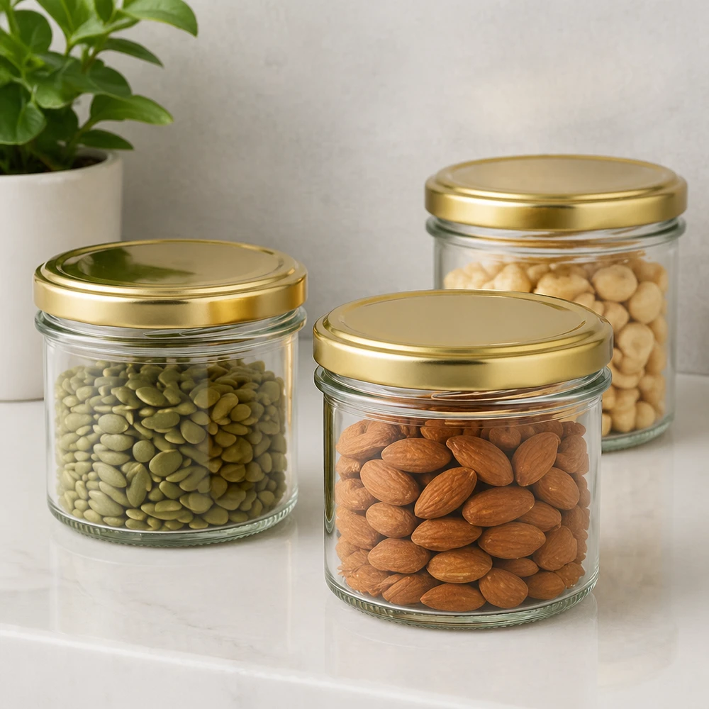 Copos de vidro de 125 ml com tampa BasicSeal dourada UNiTWIST 125ml Sturzgläser mit BasicSeal Deckel gold für Nüsse und Trockenfrüchte - elegante Aufbewahrung in der Küche