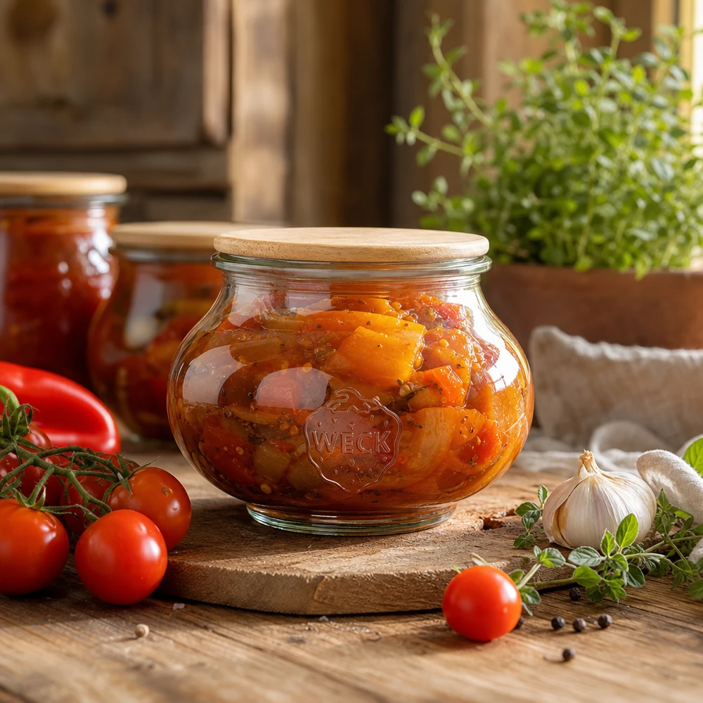 Frasco de armazenamento WECK 560ml com tampa de madeira cheio de tomate para barrar numa cozinha rústica com ingredientes frescos