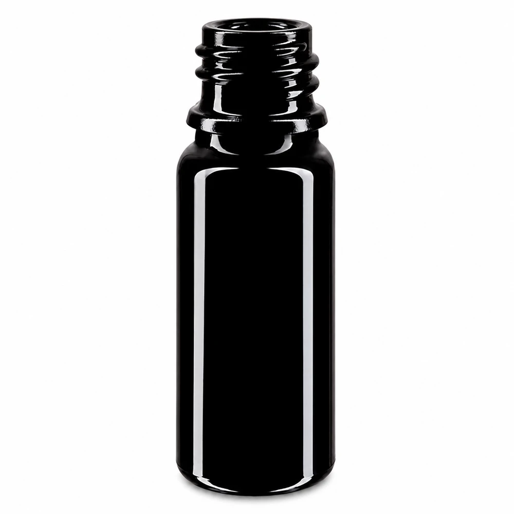 Frasco de vidro violeta 10ml DIN 18 preto brilhante para óleos essenciais e cosméticos