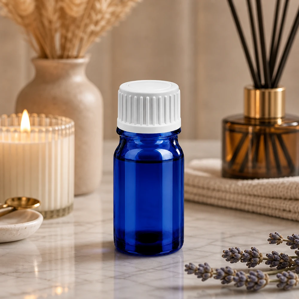Frasco de vidro de alta qualidade de 5 ml em azul elegante com tampa de gotejamento precisa para aromaterapia