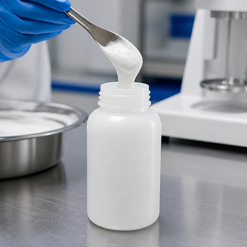Frasco de laboratório de 500 ml com gargalo largo e sem tampa Um técnico de laboratório, com luvas, transfere uma substância branca e cremosa para um frasco transparente de gargalo largo com capacidade para 500 ml