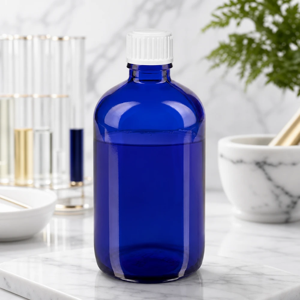 Frasco de farmácia azul 100ml tampa conta-gotas branco 0.8mm standard Frasco conta-gotas com proteção contra a luz, de 100 ml, em azul cobalto, com bico dosador preciso de 0,9 mm para aplicações laboratoriais
