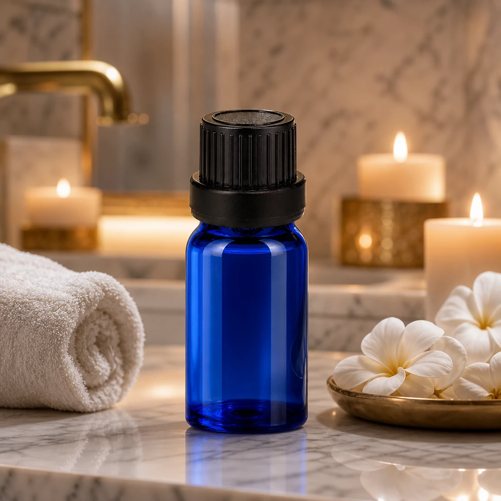Frasco de vidro azul de 5 ml com conta-gotas preto para óleos cosméticos e soros OV BlueLine UT18
