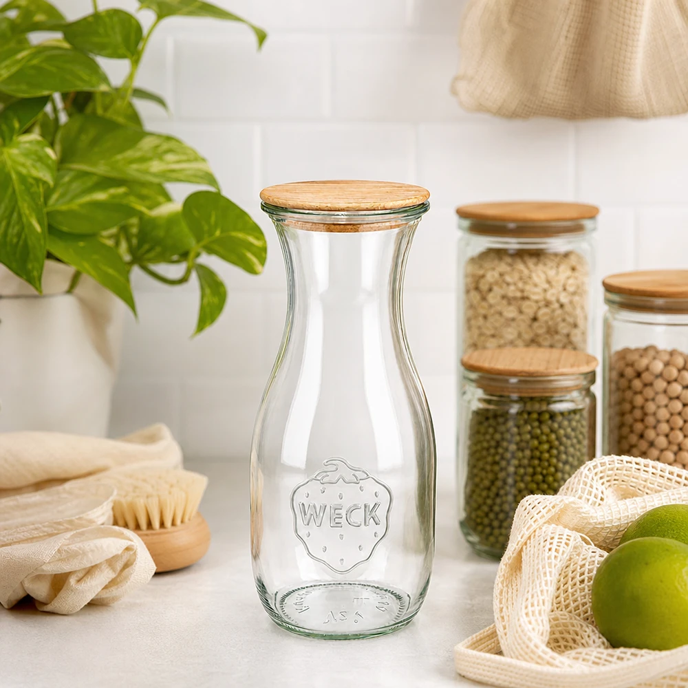 Garrafa de sumo WECK 530ml RR60 com tampa de madeira numa cozinha sustentável sem desperdício, ao lado de produtos biológicos e plantas
