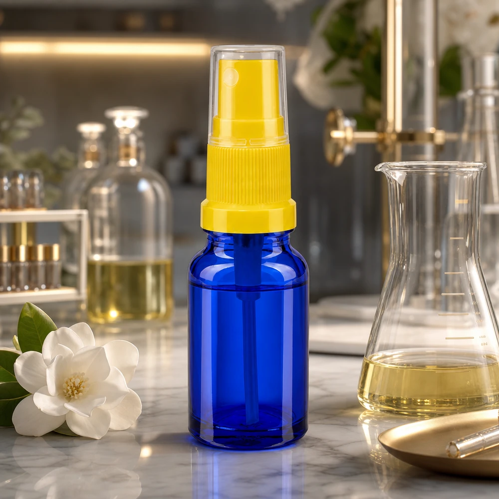 Frasco spray de 10ml amarelo/transparente com tampa standard BlueLine UT18/10 Frasco de spray compacto de 10 ml em vidro de alta qualidade com cabeça de spray amarela Série BlueLine UT18 10