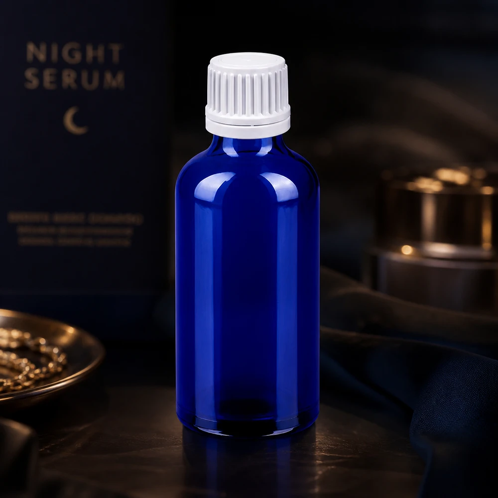 Frasco de 50ml com tampa de rosca de 11mm branca inviolável BlueLine UT18/50 Frasco de vidro azul elegante de 50 ml com tampa branca com conta-gotas para uma dosagem precisa de líquidos