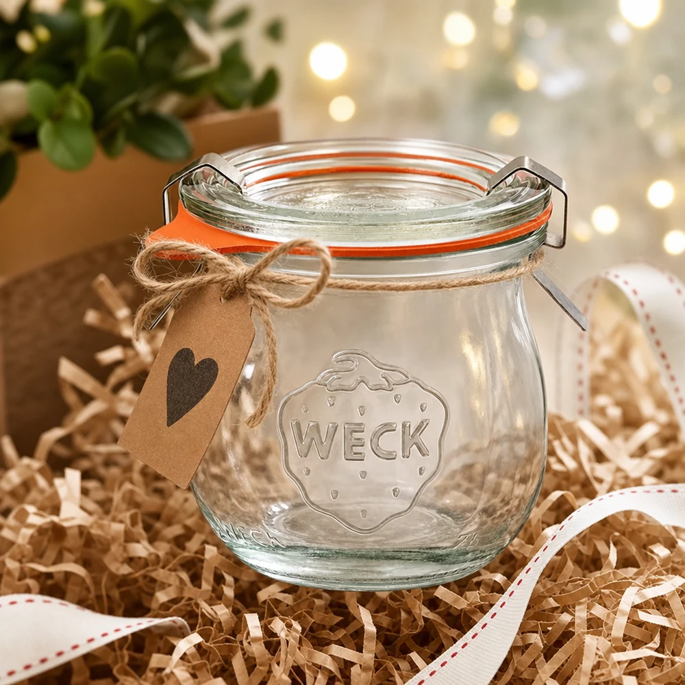 Frasco de tulipas WECK 75ml RR40 como ideia de presente, embalado decorativamente com um pendente em forma de coração e uma fita de presente numa atmosfera festiva