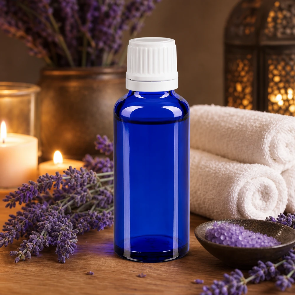 Frasco conta-gotas azul de 30 ml da ApoGlas com tampa de segurança para crianças branca, para óleos essenciais