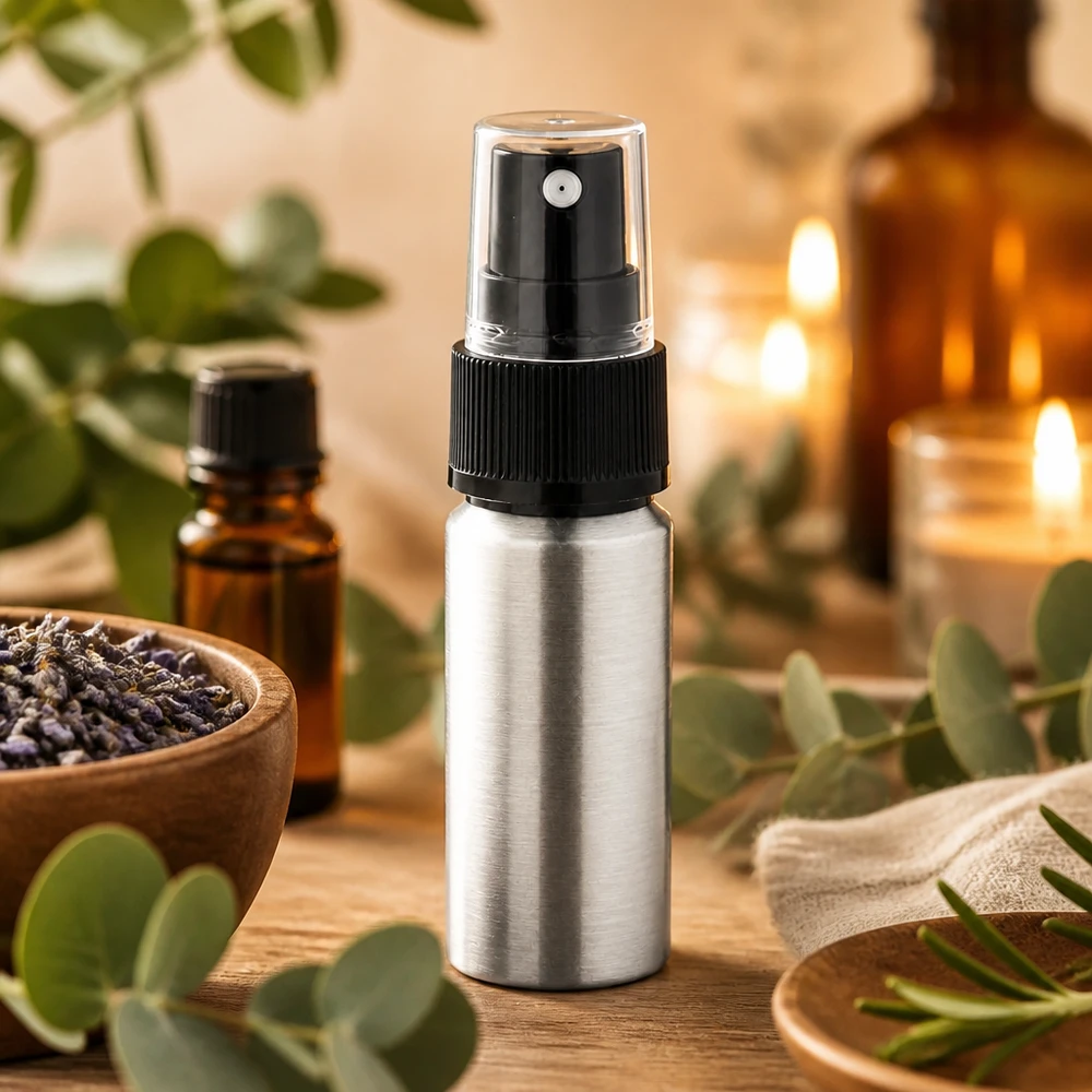 Frasco de alumínio polido de 20ml com nebulizador Frasco elegante de alumínio de 20 ml com acabamento mate e atomizador preciso para óleos essenciais