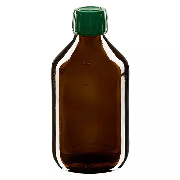 Frasco de medicamento de 250ml castanho, tampa verde com anel inviolável ApoGlas Frasco de medicamento de 250ml castanho, tampa verde com anel inviolável ApoGlas