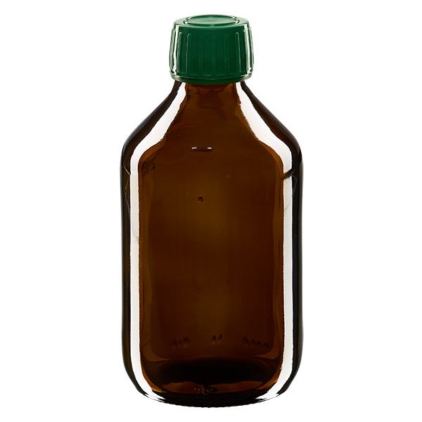 Frasco de medicamento de 250ml castanho, tampa verde com anel inviolável ApoGlas Frasco de medicamento de 250ml castanho, tampa verde com anel inviolável ApoGlas