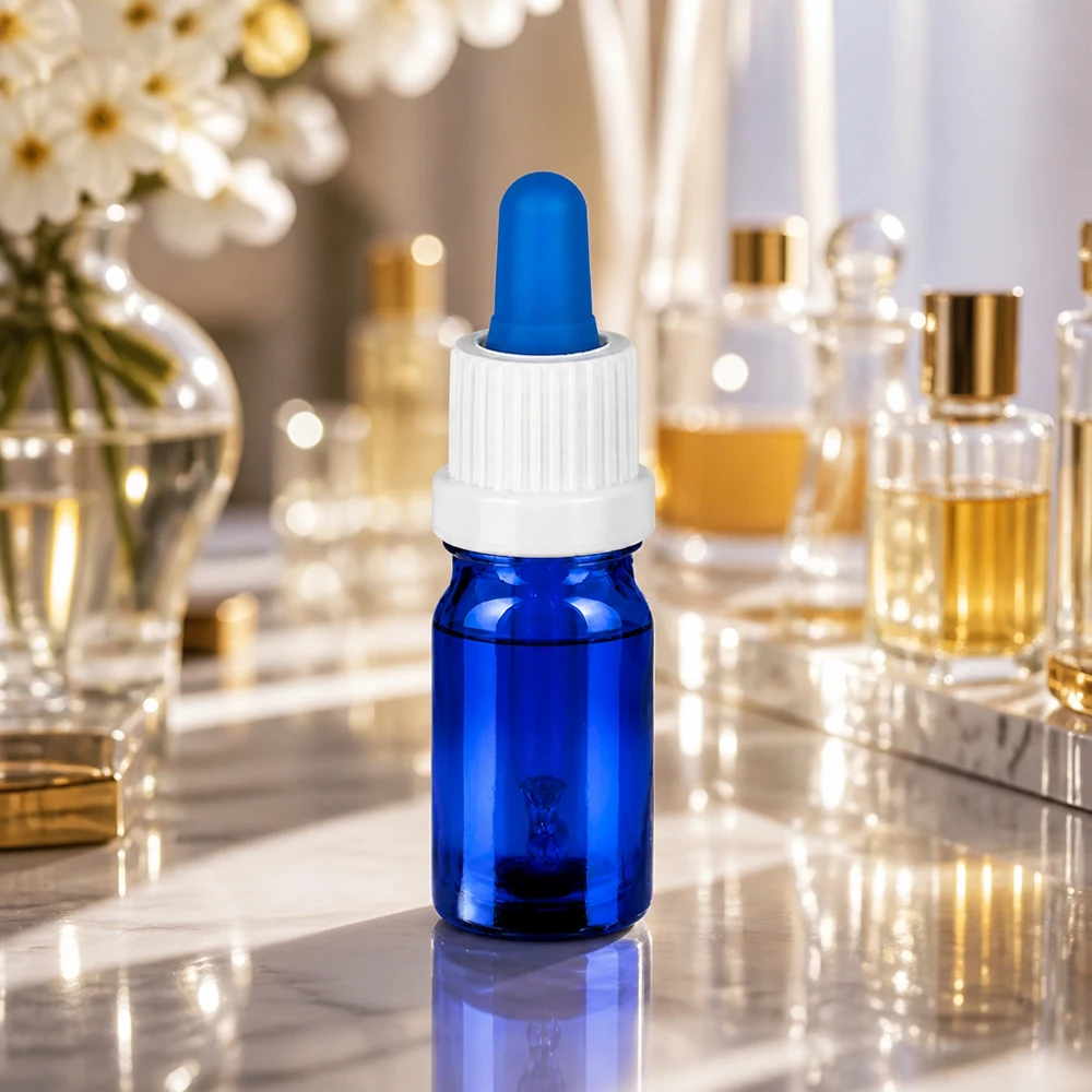 Frasco pipeta de 5 ml branco/azul com fecho inviolável BlueLine UT18/5 Frasco de pipeta de 5 ml de alta qualidade em vidro borossilicato azul com tampa OV branca para aplicações laboratoriais