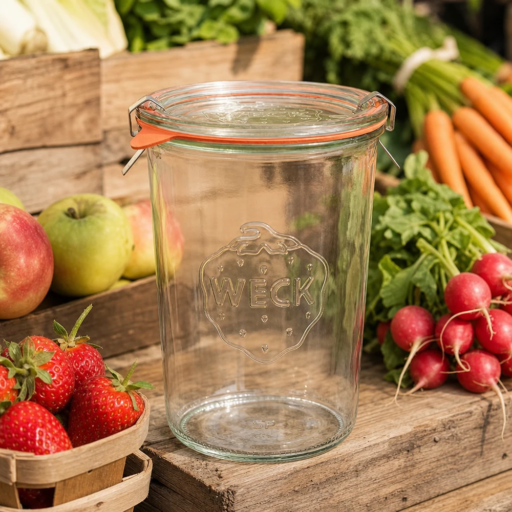 Frasco de conserva WECK RR100 de 850 ml com frutas e legumes frescos numa mesa de madeira rústica como cenário de cozinha para arrumação