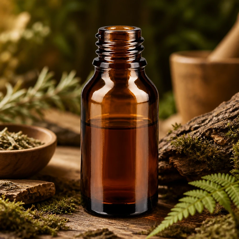 Frasco de vidro castanho ApoGlas de 15 ml num cenário de floresta natural com feto de musgo e madeira rústica para naturopatia