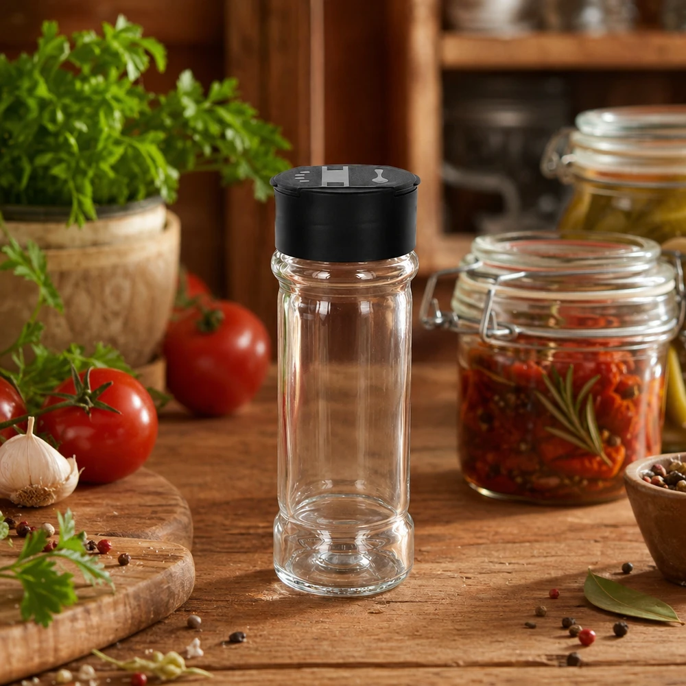 Frasco para sal/especiarias de 100 ml com espalhador duplo, preto Recipiente de sal em vidro transparente de 100 ml com bico espalhador preto sobre uma mesa rústica de madeira
