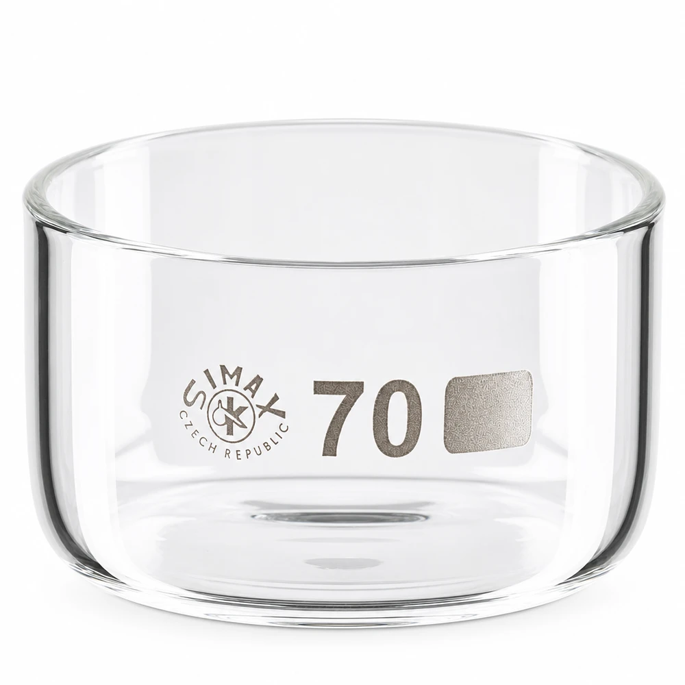 Recipiente de cristalização Simax de 100 ml, em vidro borossilicato, de forma cilíndrica, sem bico, com 70 mm de diâmetro