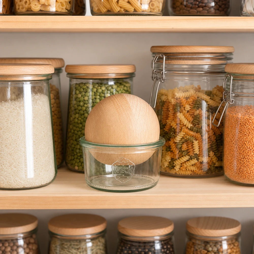 Copos de vidro de 165ml WECK RR80 com bola de madeira de faia WECK Sturzglas 165ml RR80 mit Buchenkugel im organisierten Vorratsschrank zwischen luftdichten Aufbewahrungsgläsern