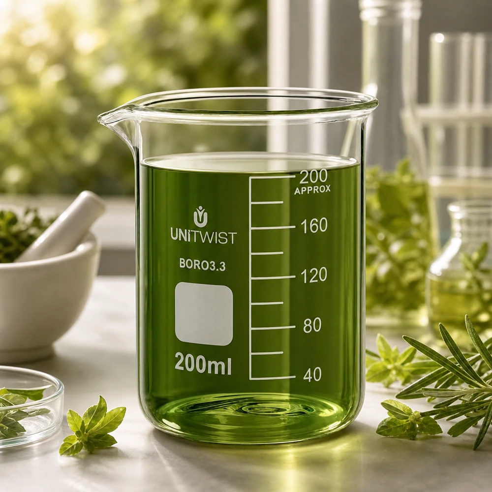 Copo de vidro UNiTWIST de 200 ml com um líquido verde rodeado por ervas frescas sobre uma superfície branca