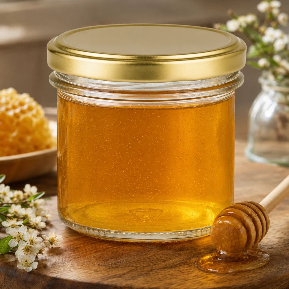 Copos de vidro de 125 ml com tampa BasicSeal dourada UNiTWIST 125ml Sturzglas mit BasicSeal Deckel gold gefüllt mit Honig neben Honiglöffel und Blütenzweigen