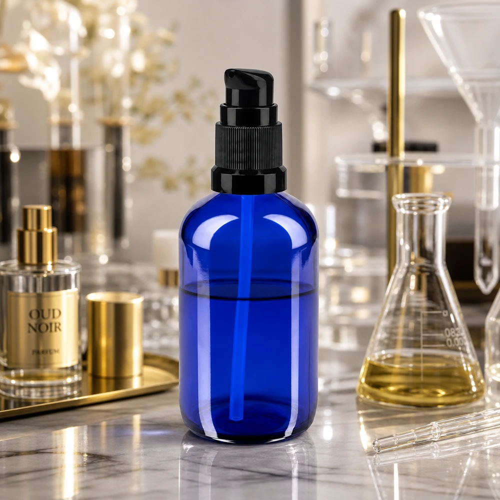 Frasco com bomba de 100 ml em vidro de farmácia, de cor azul cobalto, com dispensador preto, num ambiente de laboratório