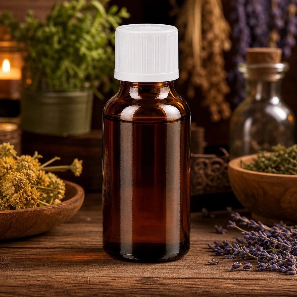 Frasco de vidro castanho de 20 ml com tampa de rosca branca, rodeado por ervas medicinais e flores secas
