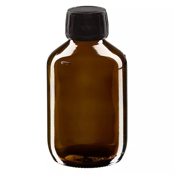 Frasco para medicamentos de 200 ml castanho, tampa preta com anel inviolável ApoGlas Frasco para medicamentos de 200 ml castanho, tampa preta com anel inviolável ApoGlas