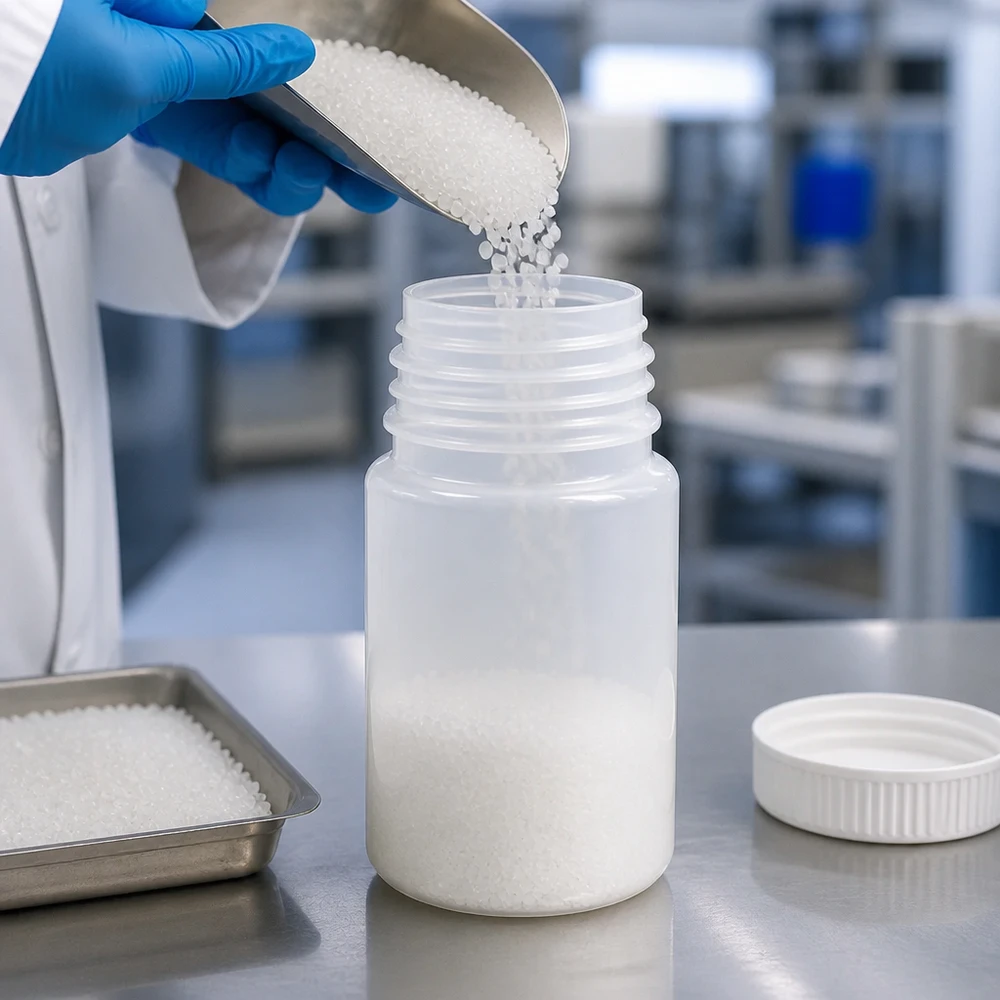 Frasco de laboratório de 50 ml com gargalo largo e sem tampa Um técnico de laboratório enche um frasco de laboratório de gargalo largo de 50 ml com grânulos de plástico branco, utilizando uma pá de metal