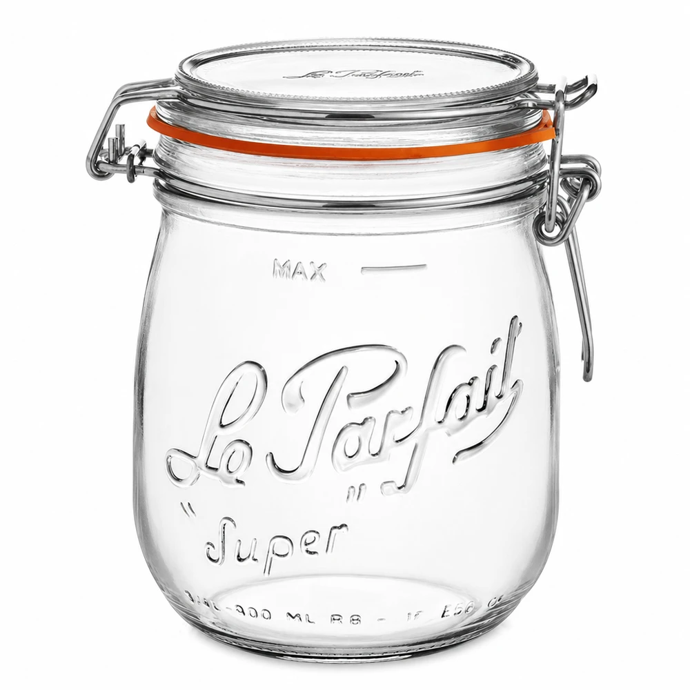 Frasco de 750 ml Le Parfait Super com tampa basculante e vedante de borracha em vidro transparente para a cozinha