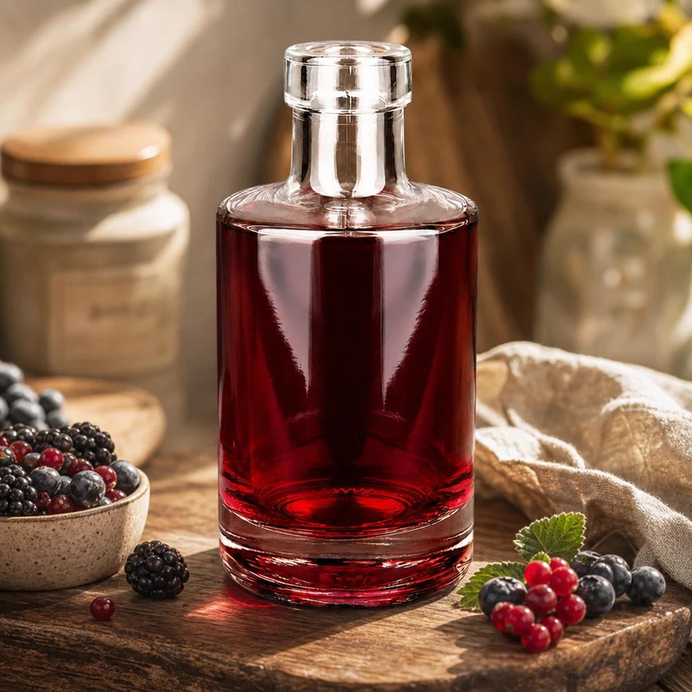 Garrafa de vidro de 200 ml Marie cheia de licor de bagas Decoração rústica de cozinha com bagas frescas Exemplo de utilização