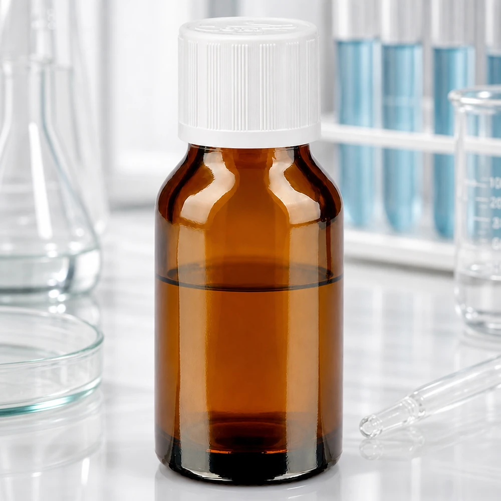 Frasco de farmácia de 30 ml em vidro castanho com tampa padrão branca de 11 mm com segurança para crianças, em laboratório
