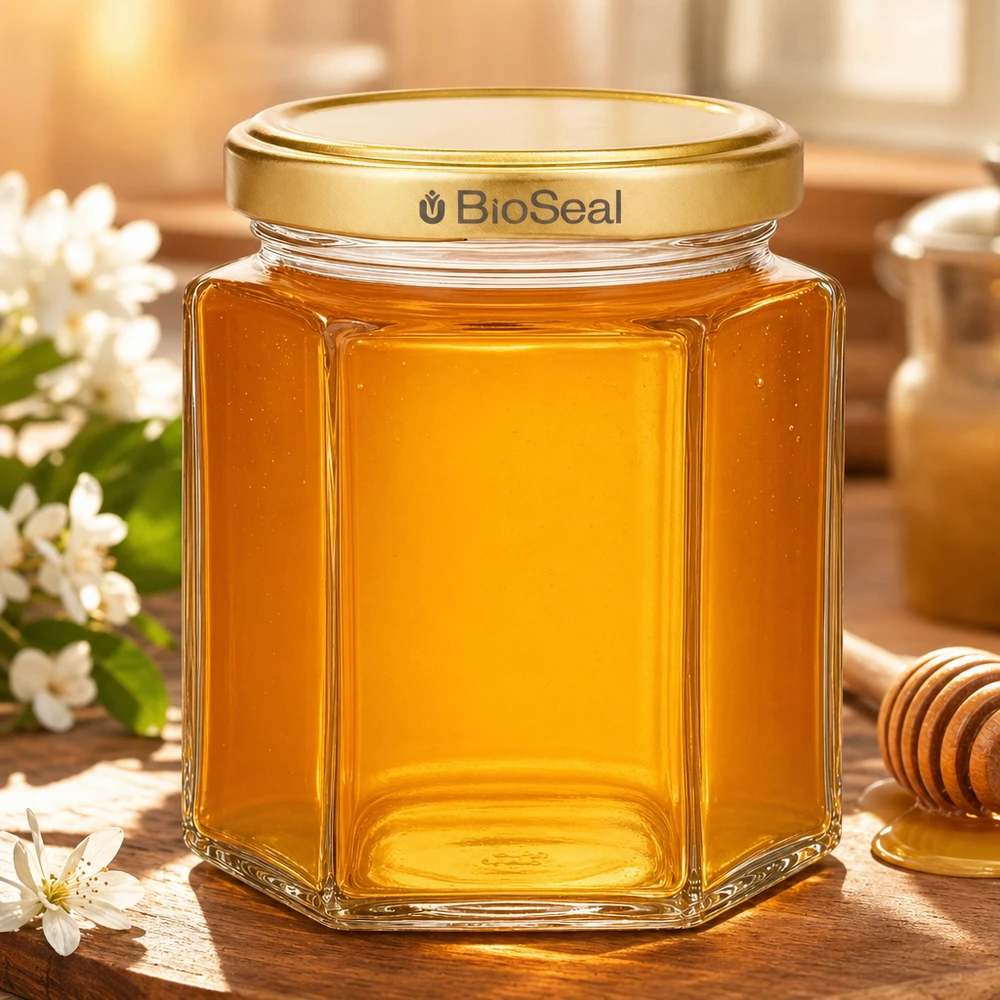 Frasco de mel de 250 g hexagonal cheio de mel dourado Tampa BioSeal Embalagem para apicultura sobre mesa de madeira com flores