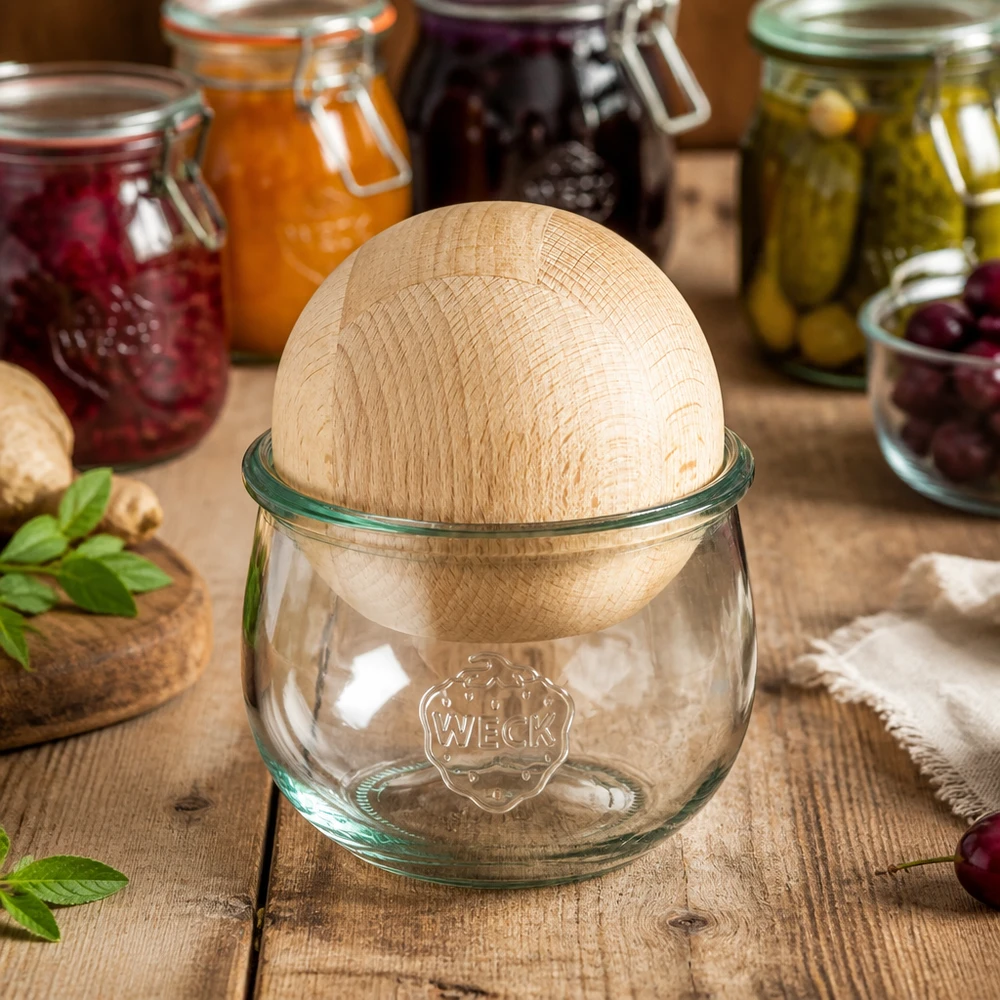 Frasco de tulipas WECK RR100 com bola de madeira de faia em ambiente de cozinha ao lado de frascos de conserva coloridos com compotas e pickles