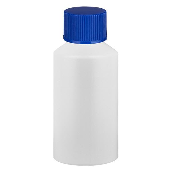 Frasco de farmácia PEAD 50ml branco, com tampa de rosca azul Frasco de farmácia PEAD 50ml branco, com tampa de rosca azul