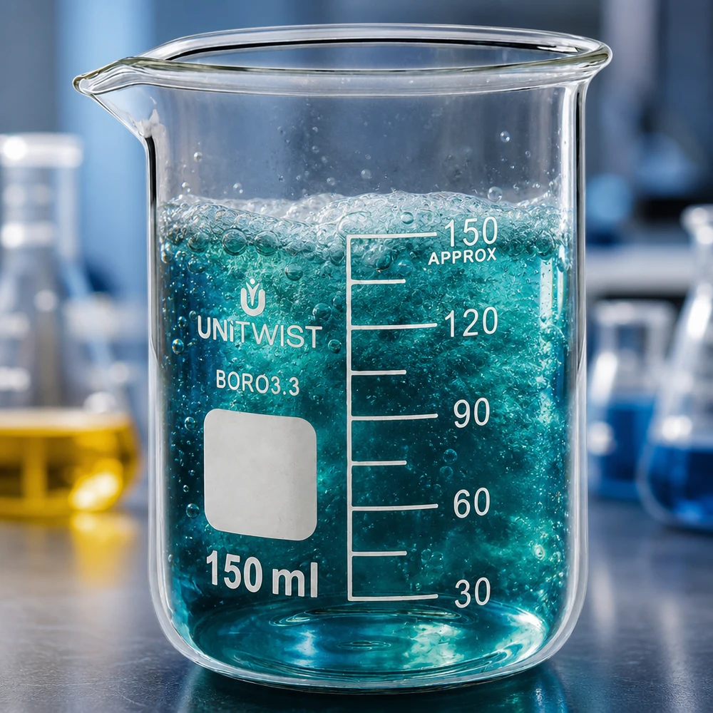 Copo UNiTwist de 150 ml em borossilicato 3.3, de formato baixo, com líquido azul espumante e formação de bolhas