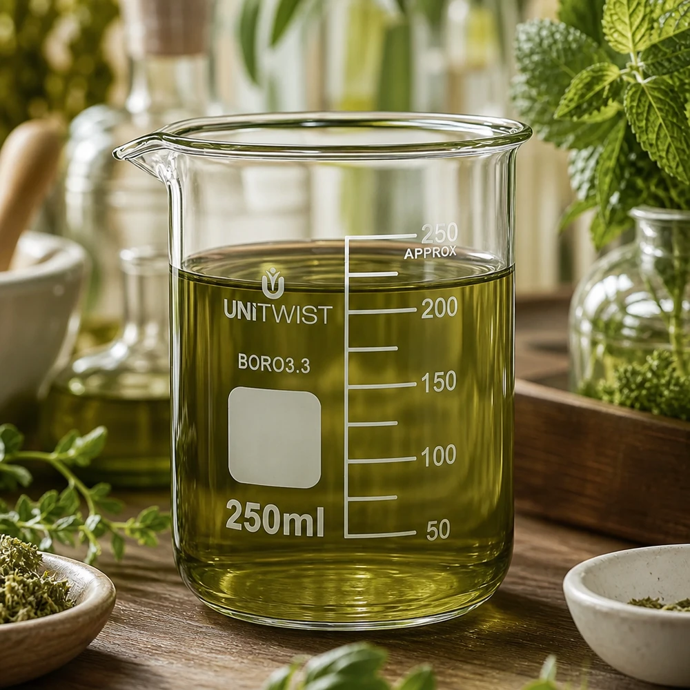 Copo de vidro UNiTWIST de 250 ml, de formato baixo, com extrato de ervas verde rodeado por ervas medicinais frescas