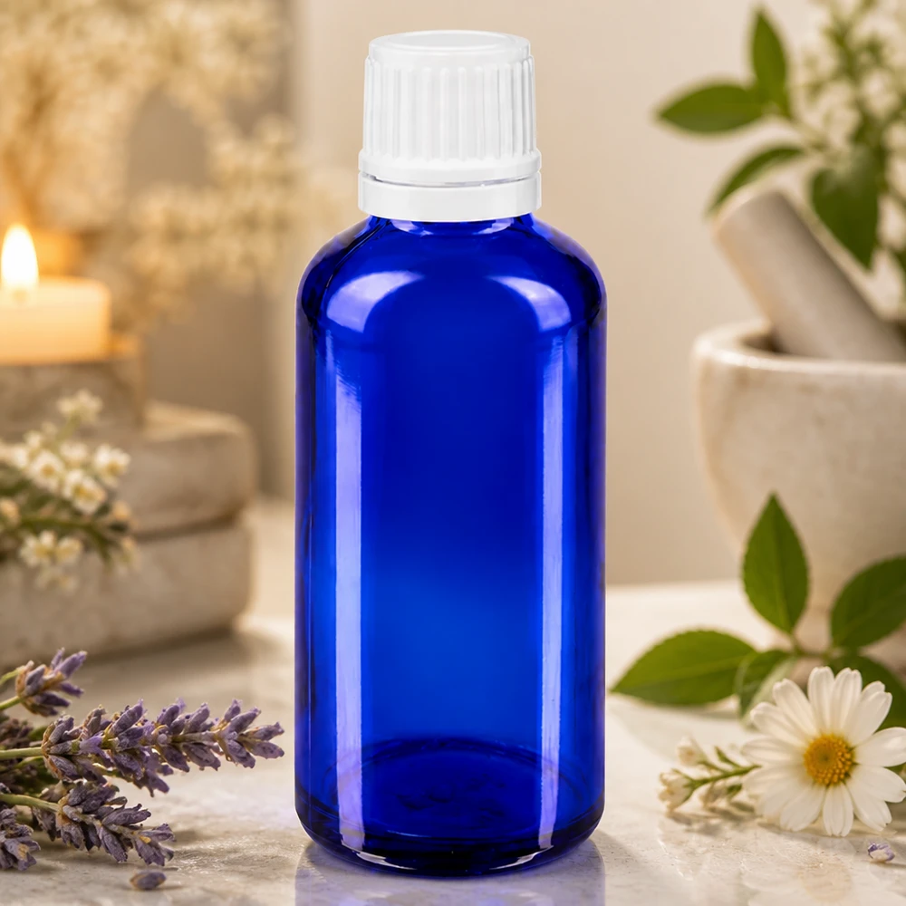 Frasco de vidro azul de 50 ml com tampa de rosca branca, com flores de lavanda e camomila
