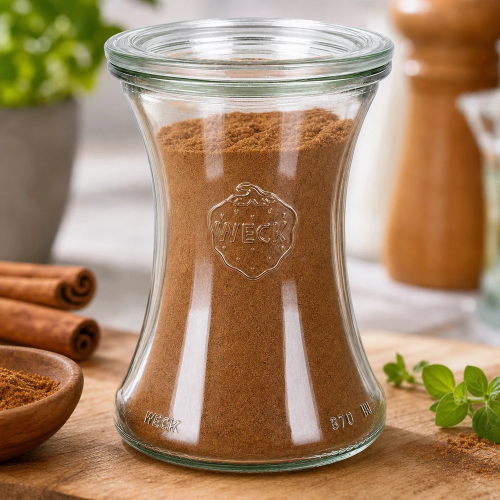 Frasco de conserva de 370 ml com tampa de vidro WECK RR80 WECK Delikatessenglas 370ml RR80 mit Zimt gefüllt zeigt perfekte Gewürzaufbewahrung in stilvollem Glasdesign