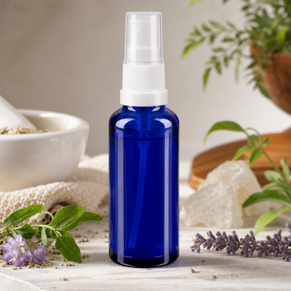 Frasco pulverizador azul de vidro de farmácia com tampa transparente, entre a lavanda e as ervas medicinais